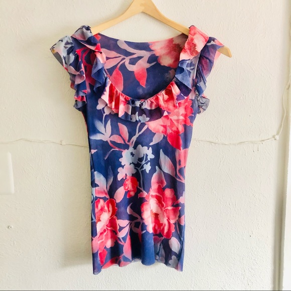🔥SOLD🔥SWEET PEA Blue Pink Floral Printed Ruffle Tank Top - Picture 5 of 8